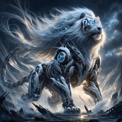 Primary subject: A white lion with blue eyes.

Setting/background: The lion is standing in front of a backdrop of a cloudy sky.

Visual style: The image is a digital art or illustration.

Colors and mood: The lion has a blue and white color scheme, giving it a futuristic and technological appearance. The overall atmosphere is one of power and strength.